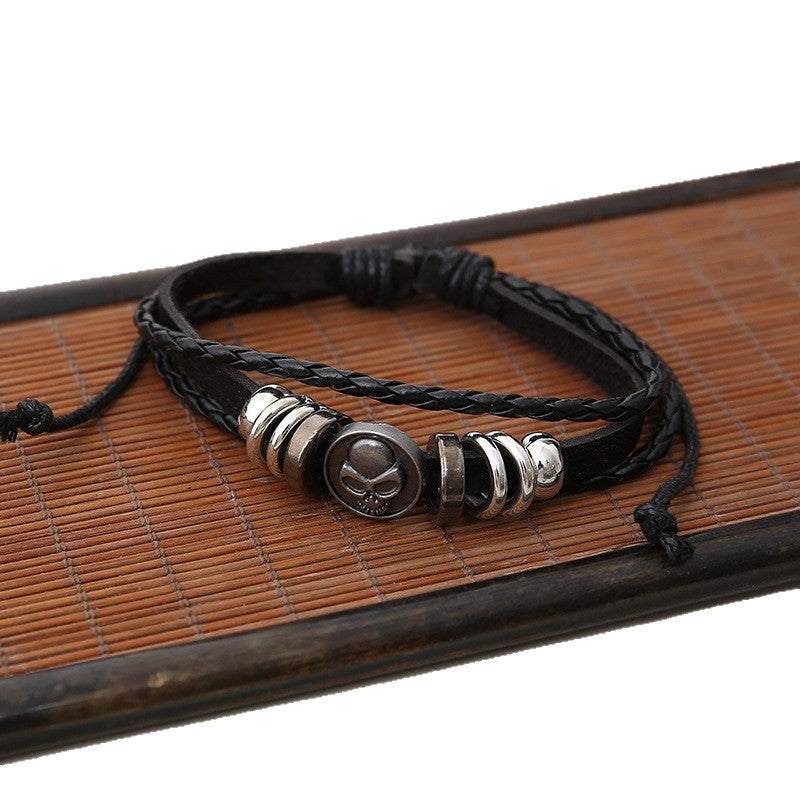 Bracelet homme punk multi-couches en cuir avec perles – Ensemble personnalisé de 6 pièces