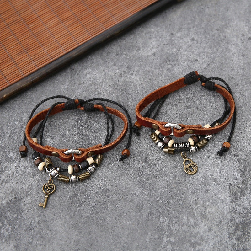 Bracelet couple clé & cadenas – Cuir tressé fait main, style rétro chic
