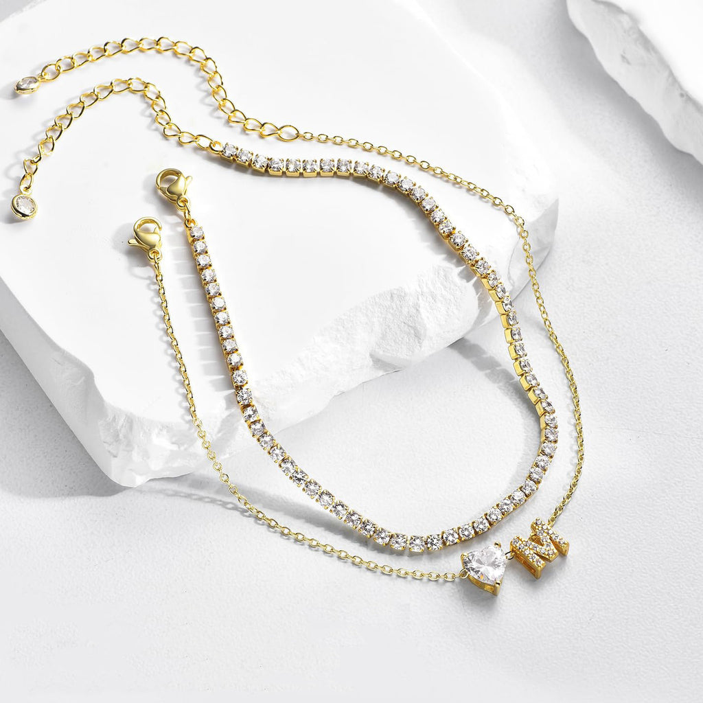 26 Letters Loving Heart Zircon Inlaid Layered Anklet