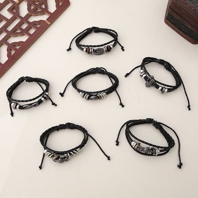 Bracelet homme punk multi-couches en cuir avec perles – Ensemble personnalisé de 6 pièces