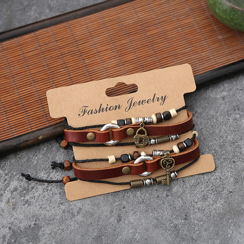 Bracelet couple clé & cadenas – Cuir tressé fait main, style rétro chic