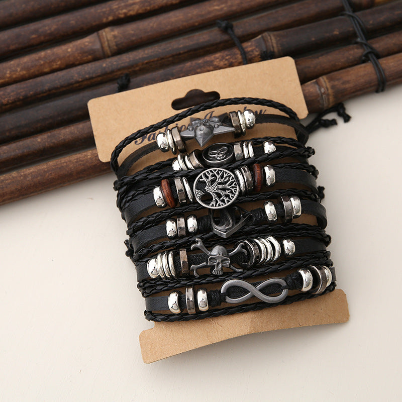 Bracelet homme punk multi-couches en cuir avec perles – Ensemble personnalisé de 6 pièces