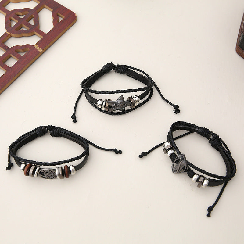 Bracelet homme punk multi-couches en cuir avec perles – Ensemble personnalisé de 6 pièces