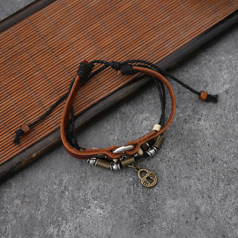 Bracelet couple clé & cadenas – Cuir tressé fait main, style rétro chic